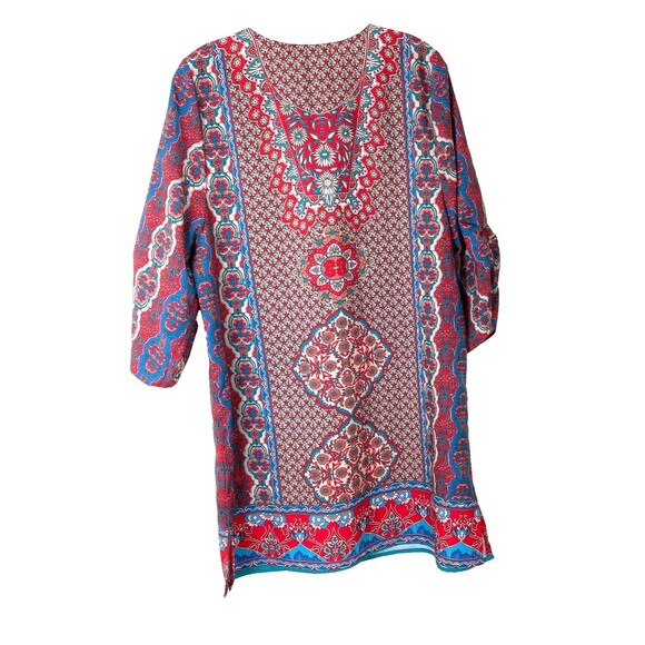 Urban Coco Colorful Bohemian Tunic Dress Size L Red Blue Tassels Ruched Sleeves - Picture 6 of 8
